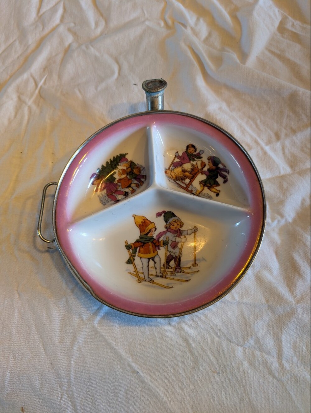 2/40$ Pink Trim Ceramic Divided Serving Dish / candy dish Children Illustrations